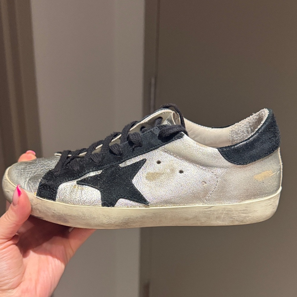 Golden Goose White and Black Superstar Sneakers - Picture 2 of 9